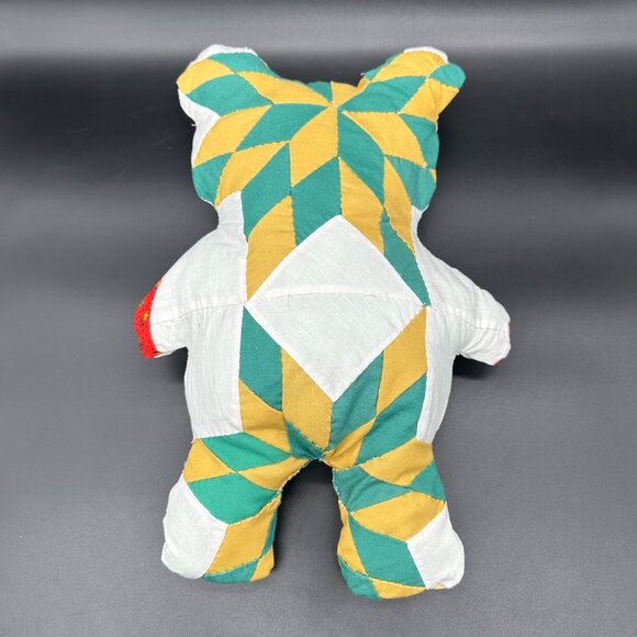 Handmade Patchwork Teddy Bear Button Eyes Noses Green Yellow Kitschy Retro - Picture 4 of 8